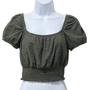 Hollister Womens Sz Sm Green Eyelet Crop Top Off the Shoulder Coquette Prairie
